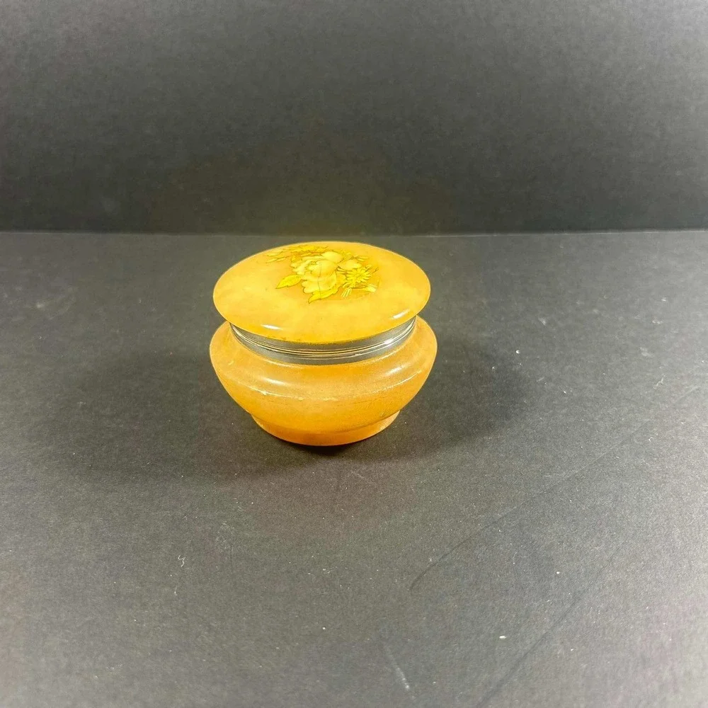 Genuine Alabaster Trinket Box Orange Hand Painted Floral Italy Vintage